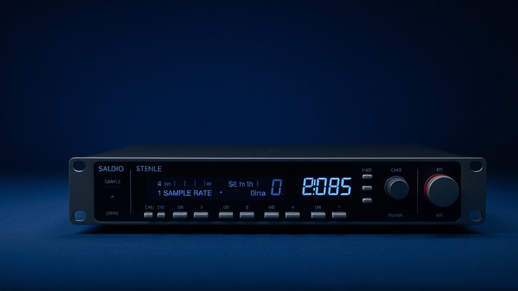 Professional audio interface control panel showing sample rate and bit depth digital display settings. Clean studio background in deep navy. Soft side lighting illuminating precise numeric readouts. Modern minimal product photography style without people or hands.