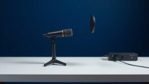 Professional USB condenser microphone on clean studio desk with deep navy background. Modern black microphone with shock mount and pop filter. Soft side lighting creates subtle shadows. Minimal product photography style with 16:9 horizontal composition.