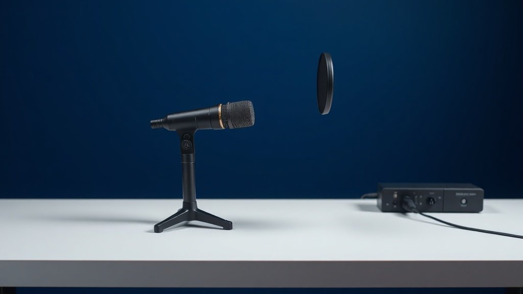 Professional USB condenser microphone on clean studio desk with deep navy background. Modern black microphone with shock mount and pop filter. Soft side lighting creates subtle shadows. Minimal product photography style with 16:9 horizontal composition.
