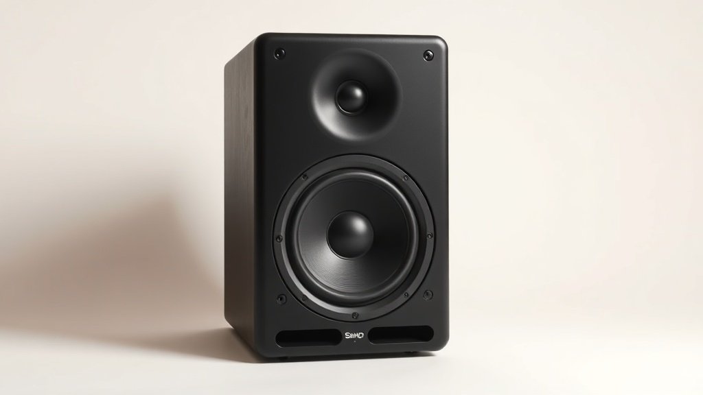 Professional studio monitor speaker in matte black finish positioned at slight angle on clean off-white background with subtle side lighting highlighting driver details and cabinet construction