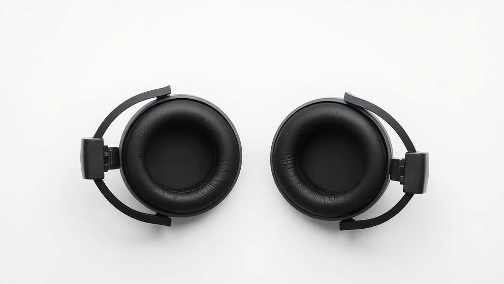 Professional overhead view of open-back headphones on clean off-white studio surface showing driver construction detail. Soft side lighting highlights acoustic elements and frequency response characteristics. Modern minimal product photography style.