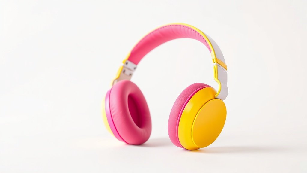 Bright colourful over-ear headphones sized for children on clean white studio background with soft side lighting highlighting the padded headband and ear cups in modern minimal product photography style
