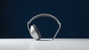 Modern bone conduction headphones positioned on clean white studio surface. Titanium frame with vibrating transducers visible near temple area. Soft directional lighting from left. Clean minimal composition showing unique wraparound design. Deep navy background. Photorealistic product photography style.
