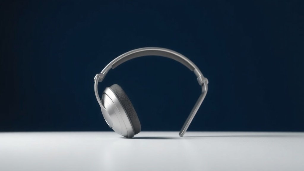 Modern bone conduction headphones positioned on clean white studio surface. Titanium frame with vibrating transducers visible near temple area. Soft directional lighting from left. Clean minimal composition showing unique wraparound design. Deep navy background. Photorealistic product photography style.