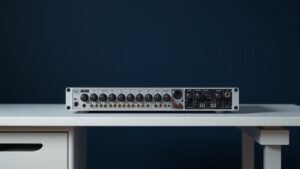 Modern audio interface on clean studio desk with deep navy background. Multiple input knobs and connection ports visible. Soft side lighting creates subtle shadows. Professional minimal product photography style.