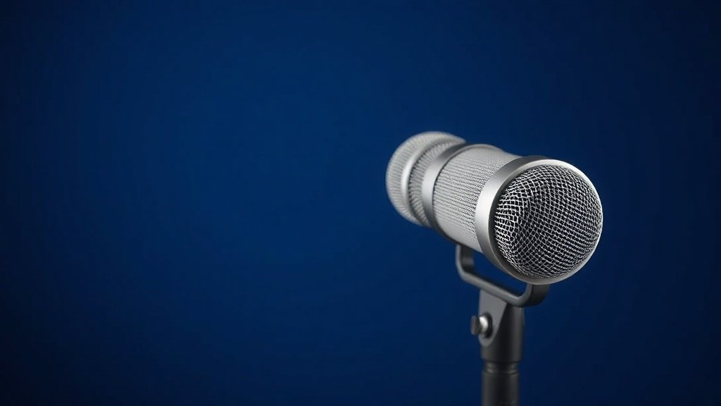 Professional studio condenser microphone positioned upright on shock mount against clean deep navy background with soft side lighting revealing metallic capsule details and acoustic mesh grille in sharp photorealistic detail horizontal format