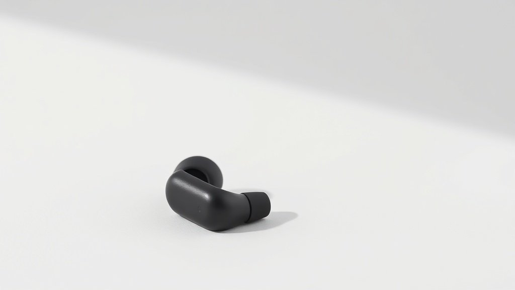 A single pair of sleek wireless sport earbuds resting on a minimalist off-white studio surface, shot from a low three-quarter angle. The earbuds feature a compact streamlined silhouette with rubberized ear fins and a matte finish. Soft directional side lighting casts subtle shadows that emphasize the contours and texture of the product. Clean negative space surrounds the subject. Photorealistic, 16 by 9 horizontal composition.