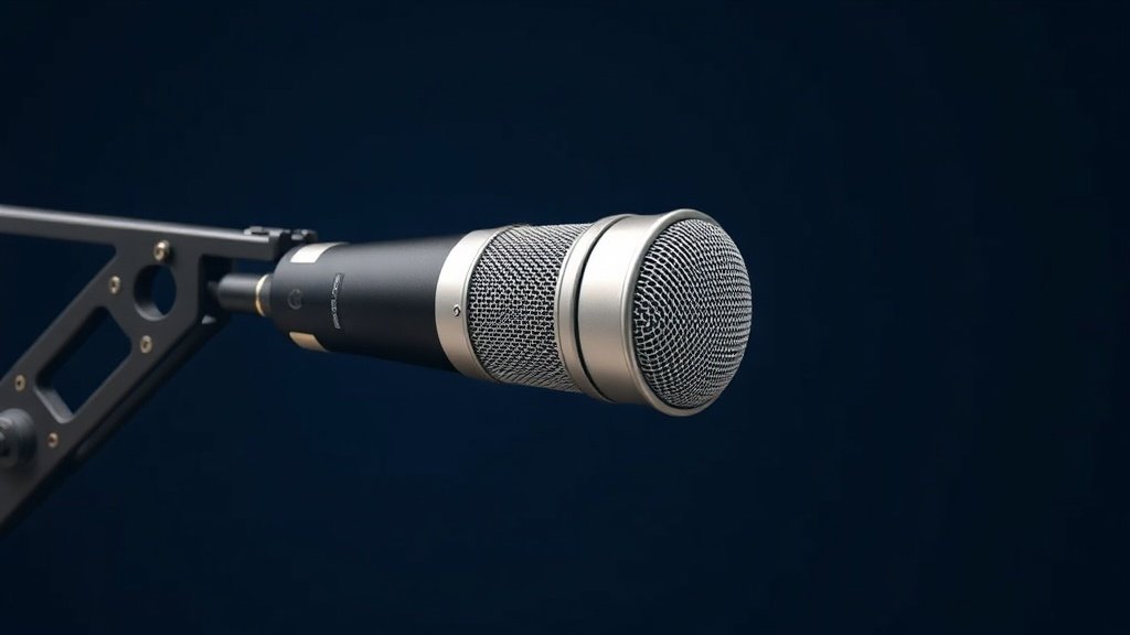 A large diaphragm condenser microphone mounted on a studio boom arm, positioned against a clean deep navy background. The microphone body is silver and black with a prominent mesh grille. Soft directional side lighting catches the metallic finish. Photorealistic product photography, 16 by 9 horizontal frame, no people, no text.