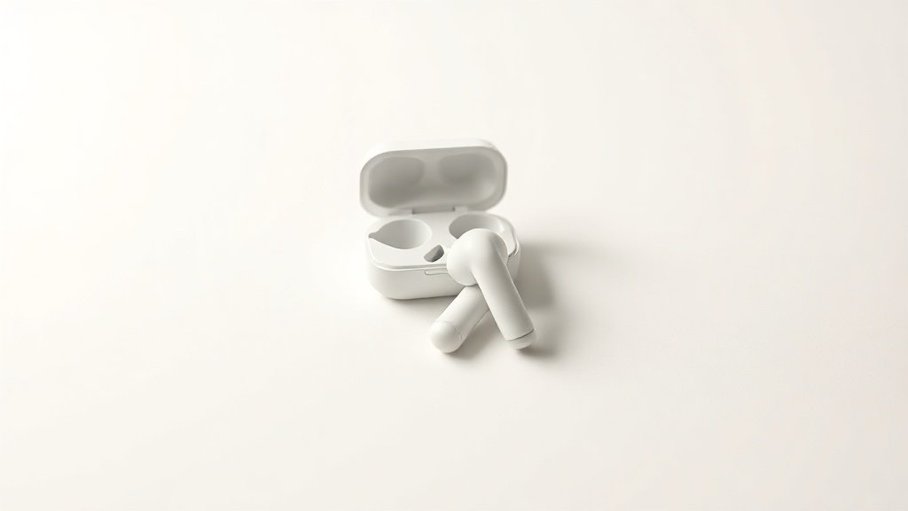 A single pair of compact wireless earbuds resting on a smooth off-white studio surface, the earbuds positioned neatly side by side with their small charging case open behind them. Soft directional side lighting casts gentle shadows that define the earbuds sleek contours and glossy finish. The background fades to a clean, seamless off-white tone, giving the composition a minimal, contemporary feel.