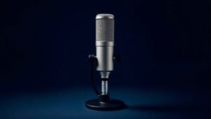 A single large-diaphragm condenser microphone stands upright on a sleek black shock mount, photographed against a deep navy background. Soft diffused side lighting catches the metallic mesh grille and polished chrome body, casting a gentle gradient shadow behind the microphone. The composition is clean and minimal, centered with generous negative space emphasizing the microphones elegant cylindrical form and professional studio aesthetic.