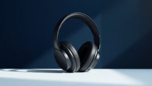 A single pair of premium over-ear studio headphones resting upright on a minimal white surface against a deep navy background. Soft directional side lighting casts gentle shadows that highlight the sleek matte black ear cups and cushioned headband. The composition is clean and centered with subtle light gradients giving the headphones a polished, professional presence. Photorealistic studio product photography, 16 by 9 horizontal format.