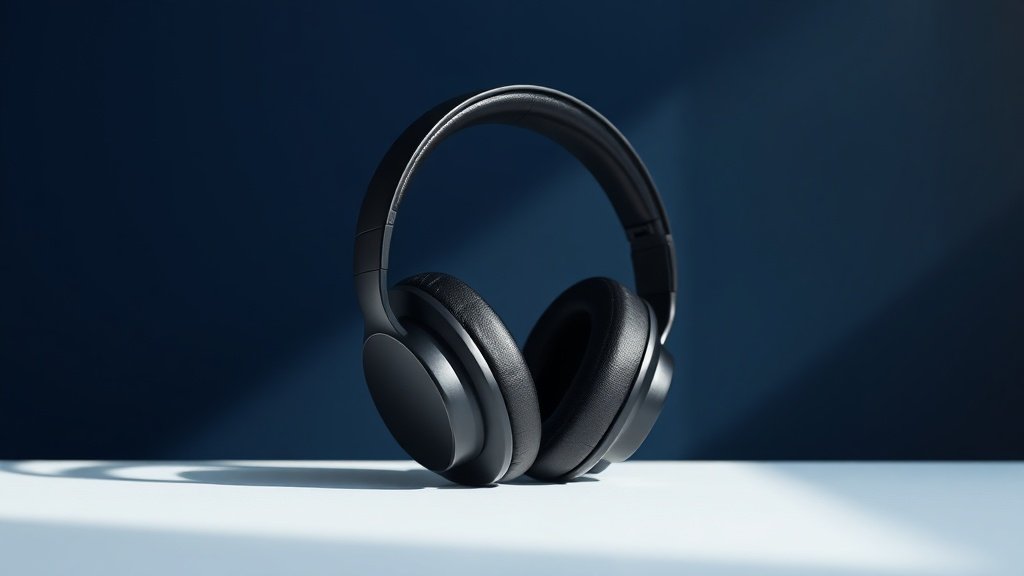 A single pair of premium over-ear studio headphones resting upright on a minimal white surface against a deep navy background. Soft directional side lighting casts gentle shadows that highlight the sleek matte black ear cups and cushioned headband. The composition is clean and centered with subtle light gradients giving the headphones a polished, professional presence. Photorealistic studio product photography, 16 by 9 horizontal format.