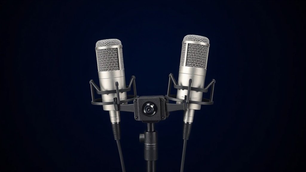 A matched pair of small diaphragm condenser microphones mounted in an XY stereo configuration on a professional shock mount, positioned against a deep navy background with soft directional side lighting. The microphones are silver and black, photographed from a slight angle, photorealistic, 16 to 9 horizontal format, no people, no text.