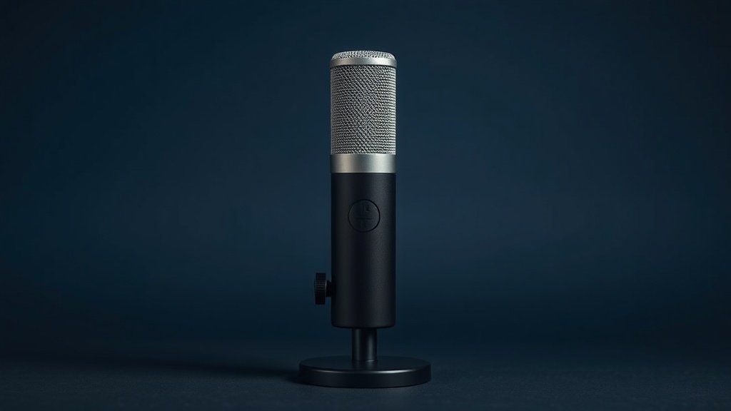 A single large-diaphragm condenser microphone stands upright on a sleek black desktop microphone stand, centered against a deep navy studio background. Soft diffused side lighting casts gentle shadows that highlight the metallic mesh grille and cylindrical body of the microphone, emphasizing its professional build quality and elegant industrial design. The composition is clean, minimal, and sharply focused with rich tonal depth.