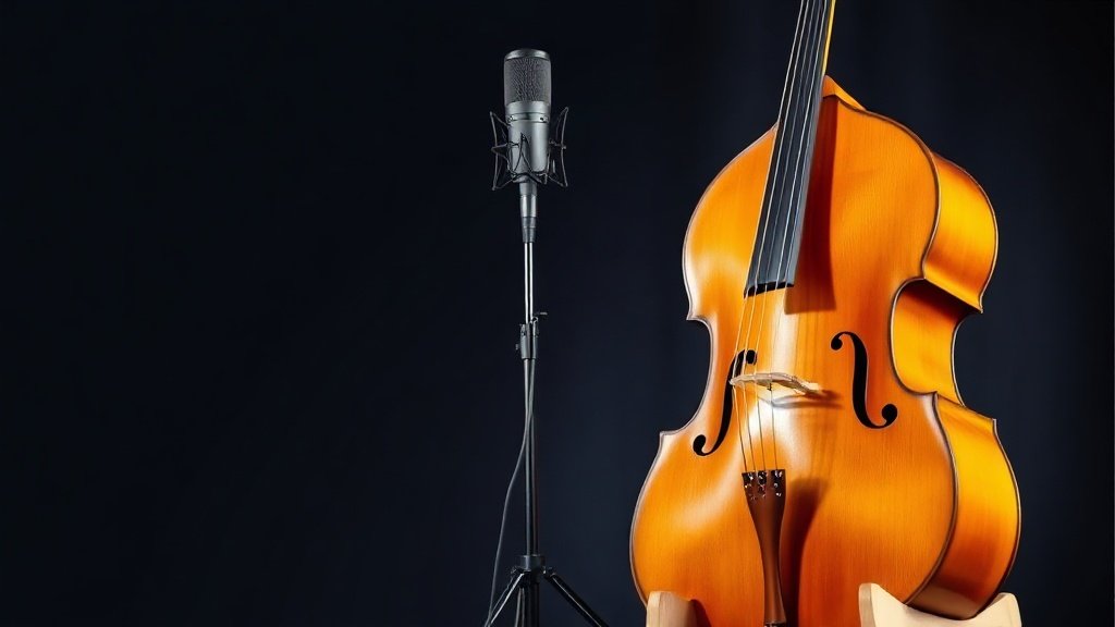 A large-diaphragm condenser microphone on a studio boom stand positioned at mid height against a deep navy background, with a full-size cello body resting upright beside it on a low wooden stand, soft side lighting illuminating the warm amber finish of the instrument, photorealistic, 16:9 horizontal, no people, no text