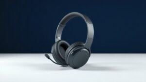 A single pair of sleek over-ear headphones resting upright on a minimal white surface against a deep navy background. Soft directional studio lighting from the left casts gentle shadows that highlight the smooth curves of the ear cups and headband. The headphones feature a slim built-in microphone boom arm. Clean, modern, photorealistic studio composition with subtle surface reflection.