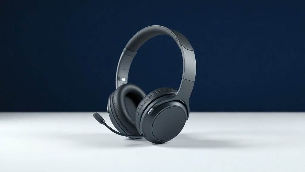 A single pair of sleek over-ear headphones resting upright on a minimal white surface against a deep navy background. Soft directional studio lighting from the left casts gentle shadows that highlight the smooth curves of the ear cups and headband. The headphones feature a slim built-in microphone boom arm. Clean, modern, photorealistic studio composition with subtle surface reflection.