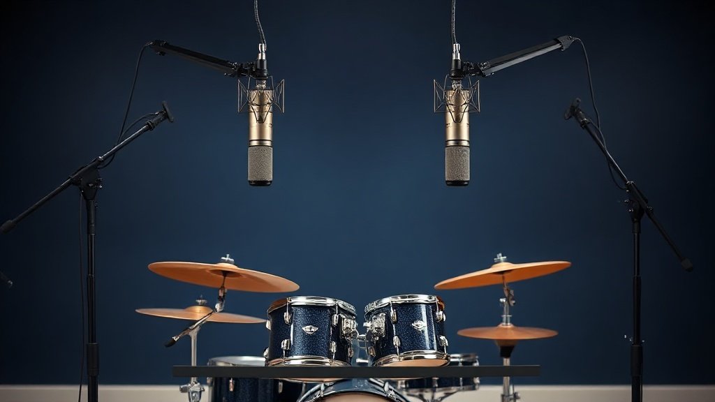 A matched pair of large diaphragm condenser microphones mounted on boom stands in an overhead position above a drum kit, photographed in a clean studio space with a deep navy background, soft side lighting revealing the metallic capsule detail, photorealistic, 16 by 9 horizontal format, no people, no text.