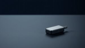 A compact wireless lavalier microphone transmitter and receiver set resting on a clean matte surface against a deep navy background. Soft diffused side lighting casts gentle shadows that highlight the sleek rectangular form and subtle metallic accents of the miniature clip-on body. The scene feels precise and editorial, with a shallow depth of field adding subtle dimensionality to the polished product surfaces.