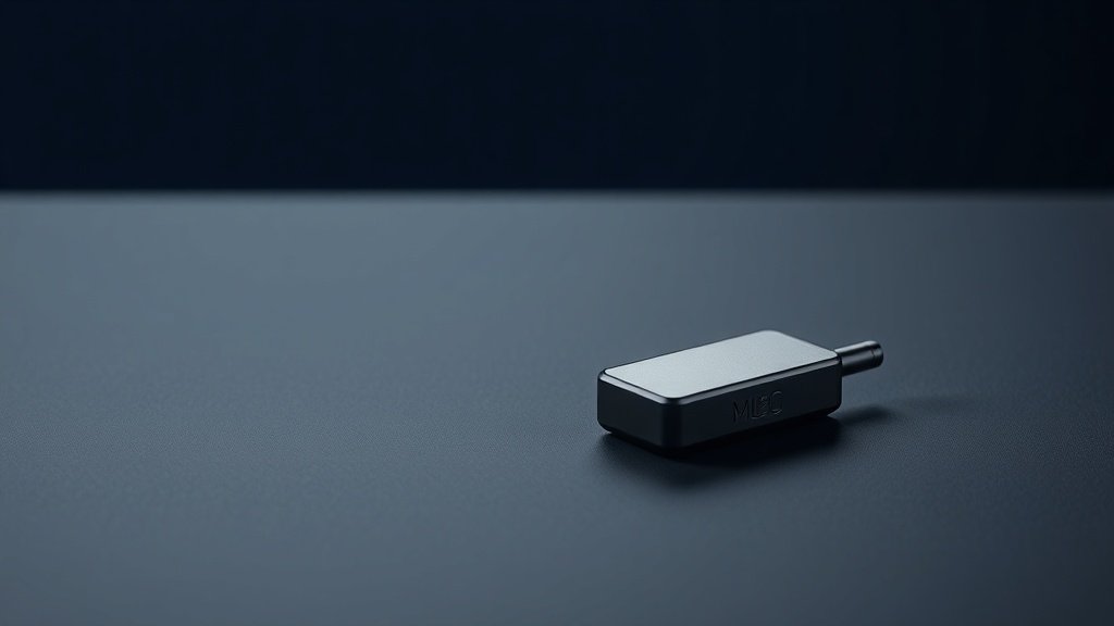 A compact wireless lavalier microphone transmitter and receiver set resting on a clean matte surface against a deep navy background. Soft diffused side lighting casts gentle shadows that highlight the sleek rectangular form and subtle metallic accents of the miniature clip-on body. The scene feels precise and editorial, with a shallow depth of field adding subtle dimensionality to the polished product surfaces.