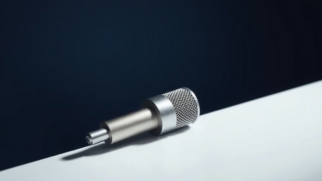 A sleek compact lightning connector microphone rests on a minimal white surface against a deep navy background. Soft directional studio lighting falls from the left, casting a gentle shadow and highlighting the brushed metal capsule and slim body. The microphone sits slightly angled, showcasing its compact form and polished connector tip with quiet confidence.