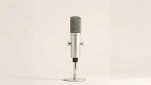 A single professional large-diaphragm condenser microphone stands upright on a sleek metal shock mount, centered against a clean off-white studio backdrop. Soft side lighting catches the polished metal grille and smooth cylindrical body, casting a gentle shadow that adds subtle depth. The composition is minimal and refined, emphasizing the microphones elegant silhouette with crisp detail and a calm, editorial mood.
