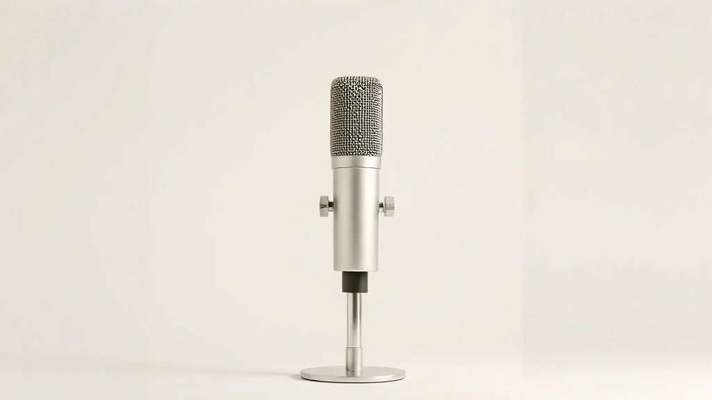 A single professional large-diaphragm condenser microphone stands upright on a sleek metal shock mount, centered against a clean off-white studio backdrop. Soft side lighting catches the polished metal grille and smooth cylindrical body, casting a gentle shadow that adds subtle depth. The composition is minimal and refined, emphasizing the microphones elegant silhouette with crisp detail and a calm, editorial mood.