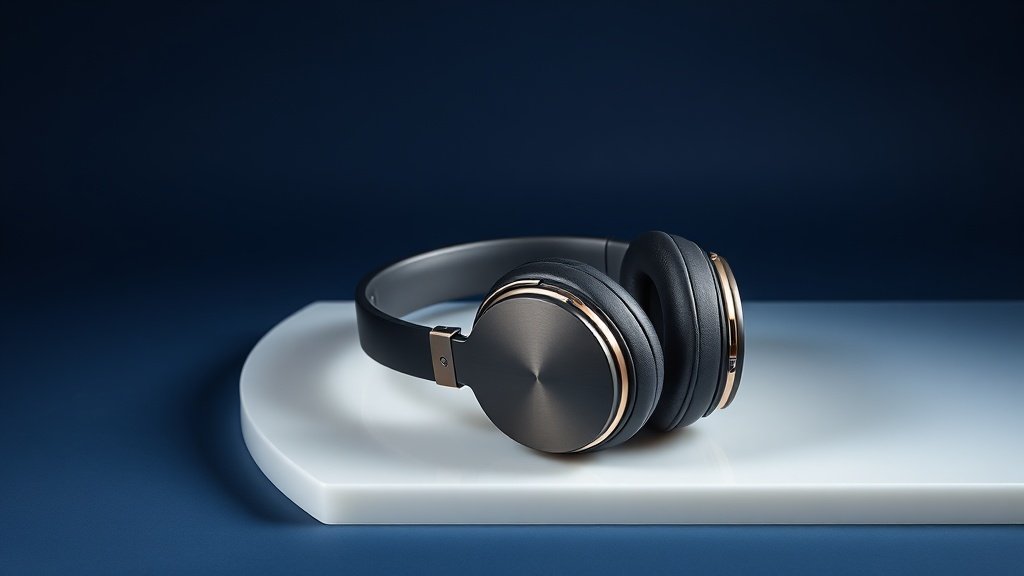 A single pair of sleek over-ear noise-cancelling headphones resting on a minimal white acrylic surface against a deep navy studio background. Soft diffused side lighting catches the smooth matte curves of the earcups and brushed metal headband, creating gentle highlights and subtle shadows. The composition is clean and centered, emphasizing premium build quality and modern industrial design.