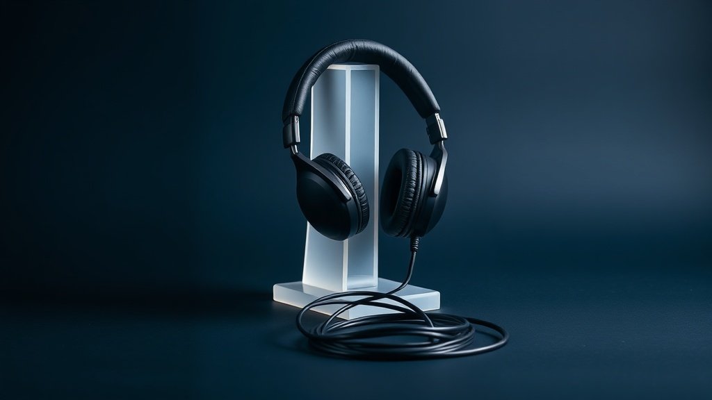 A single pair of professional over-ear studio monitor headphones resting upright on a minimal white acrylic stand against a deep navy background. Soft diffused side lighting catches the matte black earcups and coiled cable draped naturally beside the base. The composition is clean and centered with subtle shadow detail emphasizing the padded headband and swivel yoke joints.