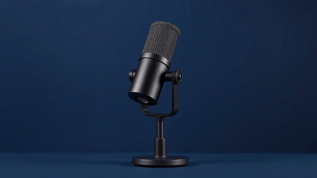A single professional dynamic podcast microphone mounted on a sleek adjustable desk stand, positioned at a slight angle against a clean deep navy background. Soft diffused side lighting catches the matte black cylindrical body and metal mesh grille, casting a gentle shadow across the surface below. The composition is centered and balanced, emphasizing the microphones refined industrial design and broadcast-ready build quality.