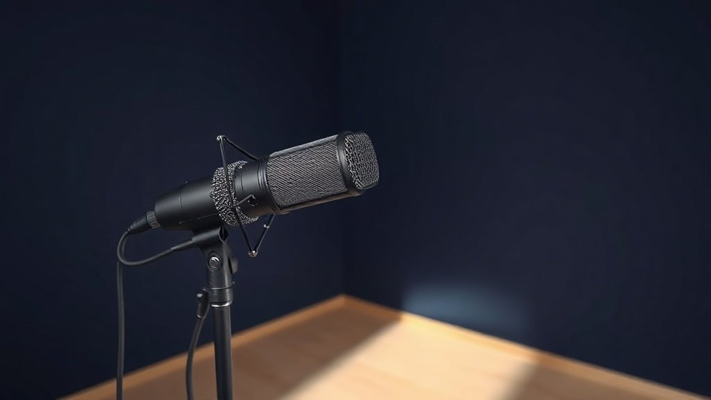 A large diaphragm condenser microphone on a shock mount and boom stand positioned in a treated studio space, photographed against a deep navy background with soft side lighting revealing the capsule mesh detail and body finish, photorealistic, 16 by 9, no people, no text, clean minimal composition.