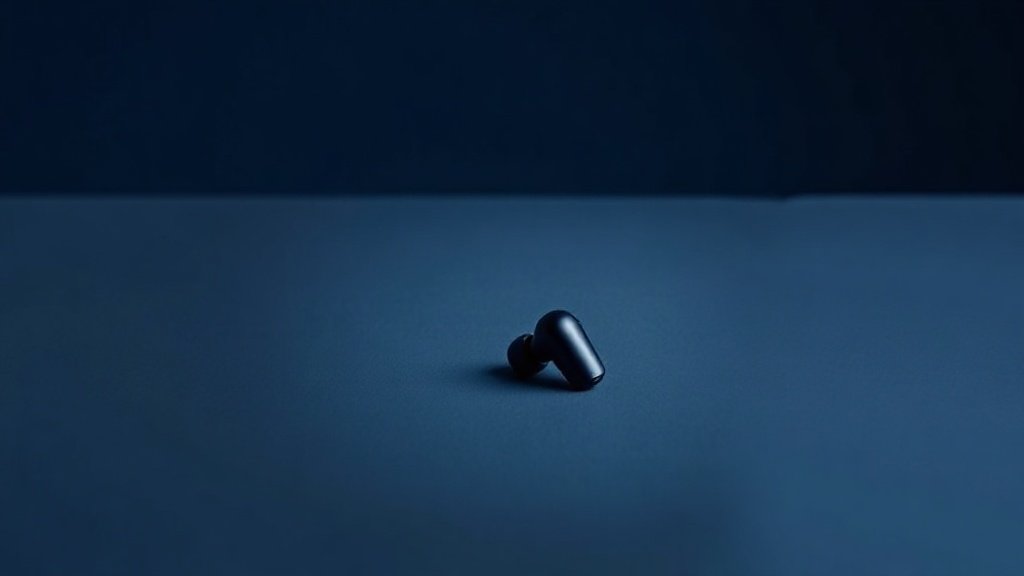 A single pair of sleek wireless noise-cancelling earbuds resting on a smooth matte surface against a deep navy background. The earbuds are compact and modern with a glossy finish, soft side lighting casting gentle highlights along their curved forms and charging case nearby. The composition is minimal and polished, emphasizing clean lines and premium materiality in a calm studio atmosphere.