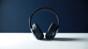 A single pair of sleek over-ear wireless Bluetooth headphones resting upright on a minimal white surface against a deep navy background. Soft directional studio lighting catches the smooth matte and gloss surfaces of the earcups, highlighting premium cushioning and a clean folding headband. The composition is centered and uncluttered, conveying modern audio technology with understated elegance.