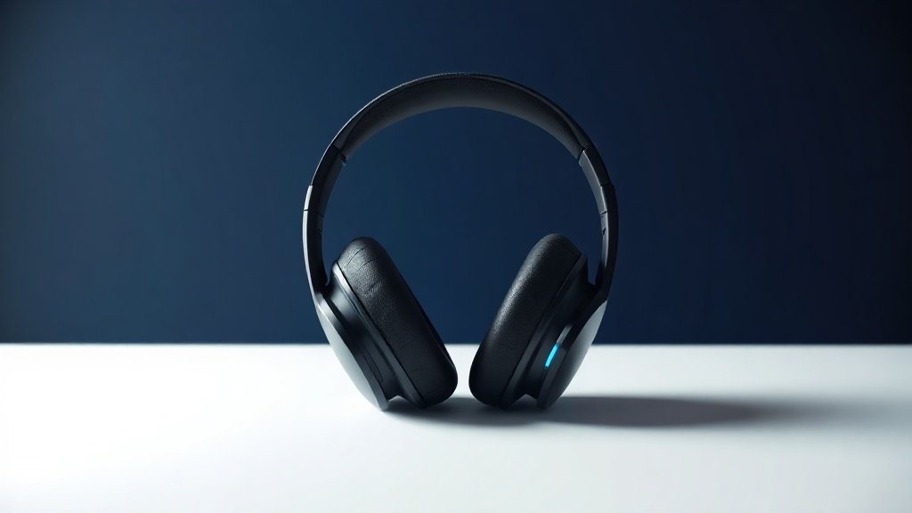 A single pair of sleek over-ear wireless Bluetooth headphones resting upright on a minimal white surface against a deep navy background. Soft directional studio lighting catches the smooth matte and gloss surfaces of the earcups, highlighting premium cushioning and a clean folding headband. The composition is centered and uncluttered, conveying modern audio technology with understated elegance.