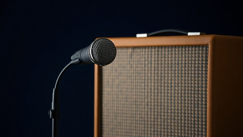 A large-diaphragm dynamic microphone on a low boom stand positioned close to the grille cloth of a vintage-style guitar amplifier cabinet, photographed against a deep navy studio background with soft directional side lighting, photorealistic product photography, 16:9 horizontal frame, no people, no text.