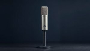 A single large-diaphragm condenser microphone stands upright on a sleek black shock mount, centered against a deep navy studio background. Soft side lighting catches the polished metal body, highlighting subtle texture and cylindrical form. A thin XLR cable drapes naturally from the base. The composition is clean, precise, and minimal, conveying professional audio quality with quiet confidence.