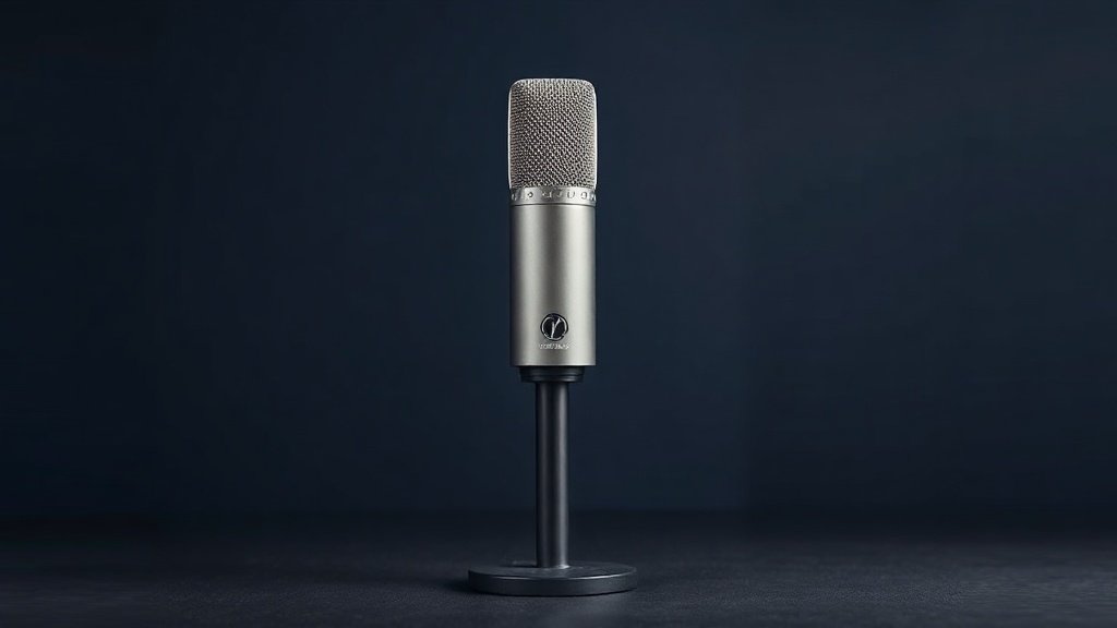 A single large-diaphragm condenser microphone stands upright on a sleek black shock mount, centered against a deep navy studio background. Soft side lighting catches the polished metal body, highlighting subtle texture and cylindrical form. A thin XLR cable drapes naturally from the base. The composition is clean, precise, and minimal, conveying professional audio quality with quiet confidence.