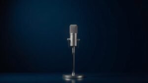 A single ribbon microphone stands upright on a polished metal stand, its sleek elongated body catching soft diffused side lighting that highlights the fine mesh grille and elegant vintage-inspired frame. The background is a deep navy gradient, smooth and uncluttered. The microphone sits centered in frame, casting a subtle shadow, conveying precision craftsmanship in a clean minimalist studio environment.