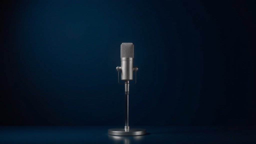 A single ribbon microphone stands upright on a polished metal stand, its sleek elongated body catching soft diffused side lighting that highlights the fine mesh grille and elegant vintage-inspired frame. The background is a deep navy gradient, smooth and uncluttered. The microphone sits centered in frame, casting a subtle shadow, conveying precision craftsmanship in a clean minimalist studio environment.
