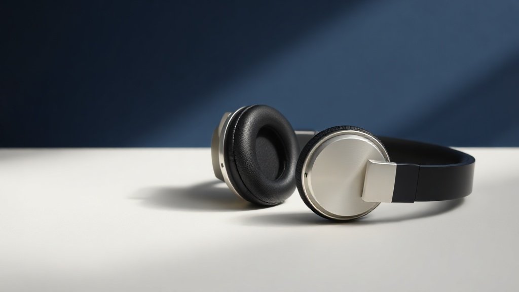 A pair of open-back over-ear headphones resting on a clean off-white surface, shot in soft side lighting with a subtle deep navy background gradient. The headphones are shown at a three-quarter angle emphasising the ear cup detail and headband construction. Photorealistic product photography, no people, no text, 16 by 9 horizontal format.