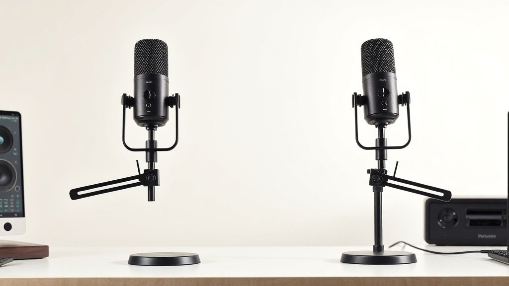 Two identical large diaphragm dynamic microphones mounted on low-profile desk boom arms, positioned symmetrically on a wide studio desk surface, clean off-white background, soft directional side lighting from the left, photorealistic product photography, 16 by 9 horizontal frame, no people, no text.