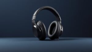 A single pair of professional over-ear studio monitor headphones resting upright on a smooth matte surface, shot against a deep navy background with soft diffused side lighting casting gentle shadows beneath the earcups. The headphones feature a classic black construction with padded earcups and an adjustable headband, rendered in sharp photorealistic detail with subtle light reflections on the glossy plastic elements.