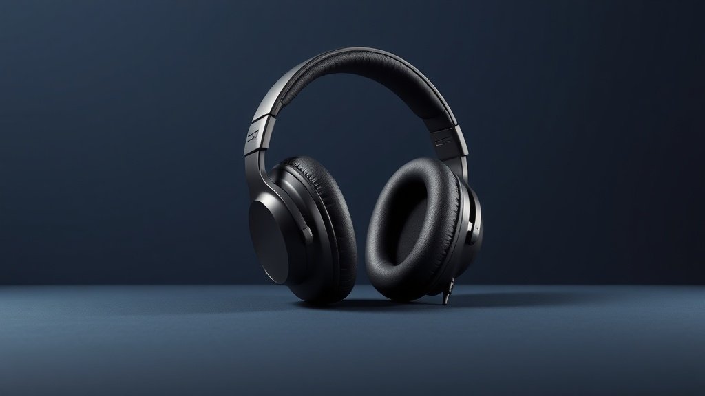 A single pair of professional over-ear studio monitor headphones resting upright on a smooth matte surface, shot against a deep navy background with soft diffused side lighting casting gentle shadows beneath the earcups. The headphones feature a classic black construction with padded earcups and an adjustable headband, rendered in sharp photorealistic detail with subtle light reflections on the glossy plastic elements.