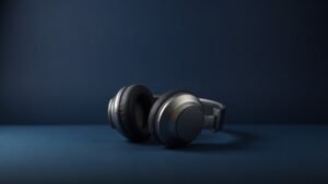 A single pair of premium over-ear headphones resting on a smooth matte surface against a deep navy studio background. Soft directional side lighting highlights the sleek curves of the cushioned ear cups and polished headband, casting gentle shadows that emphasize the refined build quality. The composition is centered and minimal, conveying luxury and precision audio craftsmanship.