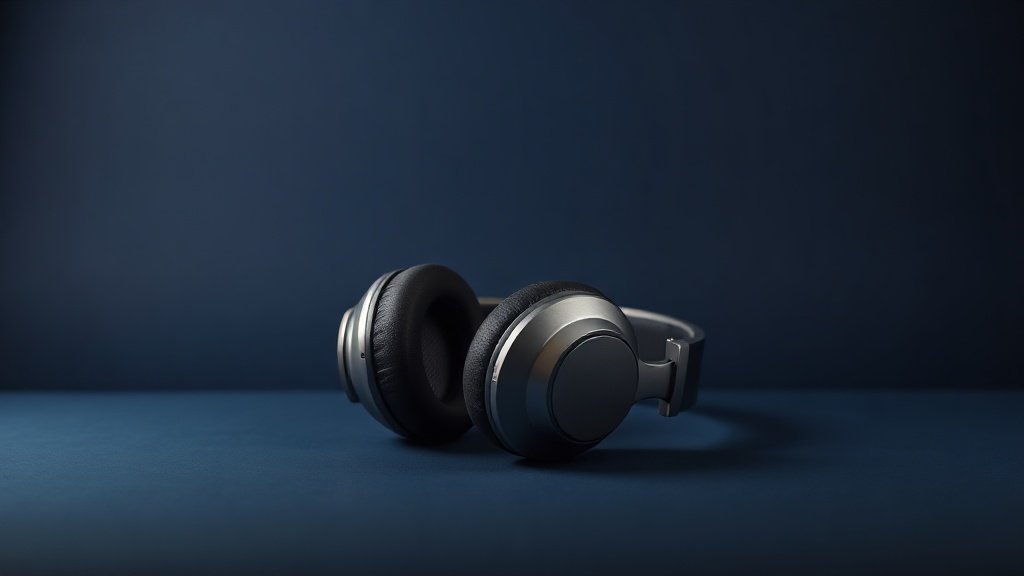 A single pair of premium over-ear headphones resting on a smooth matte surface against a deep navy studio background. Soft directional side lighting highlights the sleek curves of the cushioned ear cups and polished headband, casting gentle shadows that emphasize the refined build quality. The composition is centered and minimal, conveying luxury and precision audio craftsmanship.