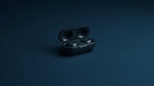 A single pair of compact wireless earbuds with sport fins resting on a smooth matte surface, shot against a clean deep navy background. Soft directional studio lighting catches the glossy curves of the earbuds and their open charging case, casting gentle shadows beneath. The composition is minimal and polished, with a shallow depth of field emphasizing the sleek athletic design.