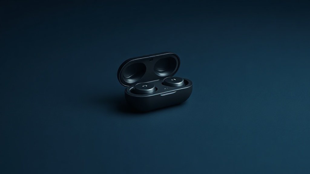 A single pair of compact wireless earbuds with sport fins resting on a smooth matte surface, shot against a clean deep navy background. Soft directional studio lighting catches the glossy curves of the earbuds and their open charging case, casting gentle shadows beneath. The composition is minimal and polished, with a shallow depth of field emphasizing the sleek athletic design.