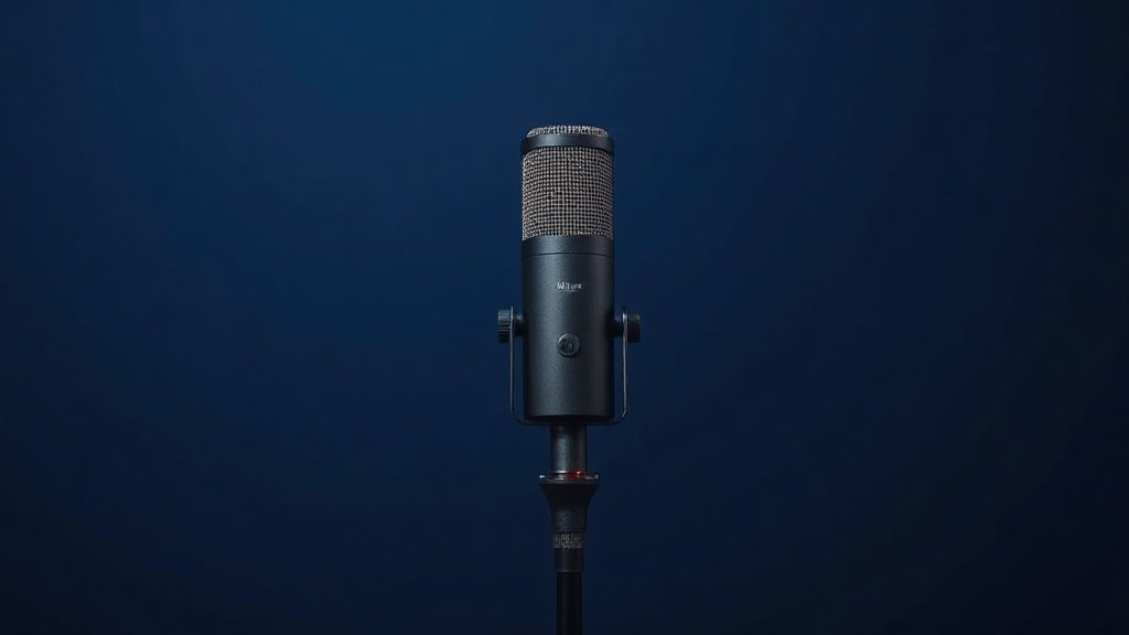 A single sleek condenser microphone stands upright on a minimal desktop mic stand, positioned slightly off-center against a clean deep navy background. Soft diffused side lighting sculpts the metallic body of the microphone, highlighting its cylindrical mesh grille and matte black finish. The composition is calm and editorial, with gentle shadows adding depth to the otherwise minimal studio scene.