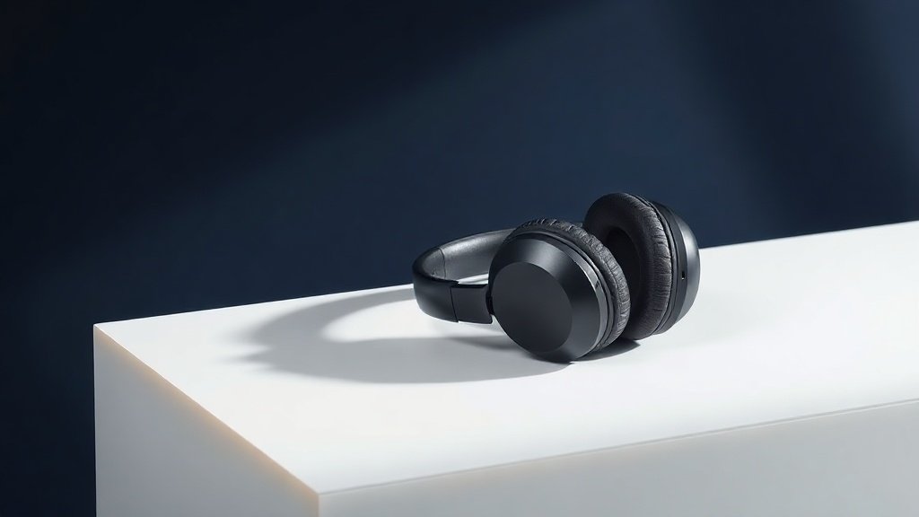 A single pair of premium over-ear headphones resting on a minimalist white acrylic surface against a deep navy background. Soft diffused side lighting catches the smooth arc of the headband and the cushioned ear cups, casting a gentle shadow to one side. The mood is sleek and editorial, with crisp detail highlighting the craftsmanship of the matte and metallic surfaces.