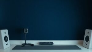 A compact home studio mixing position shot from slightly above and to the side, showing a pair of studio monitor speakers angled symmetrically on a clean desk surface against a deep navy background, with soft corner foam panels partially visible at the edges of the frame. Soft side lighting, photorealistic, 16:9 horizontal, no people, no text.